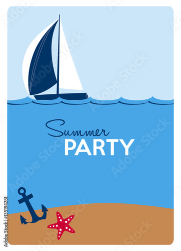 summer party invitation card with a sailing boat, anchor and a red starfish