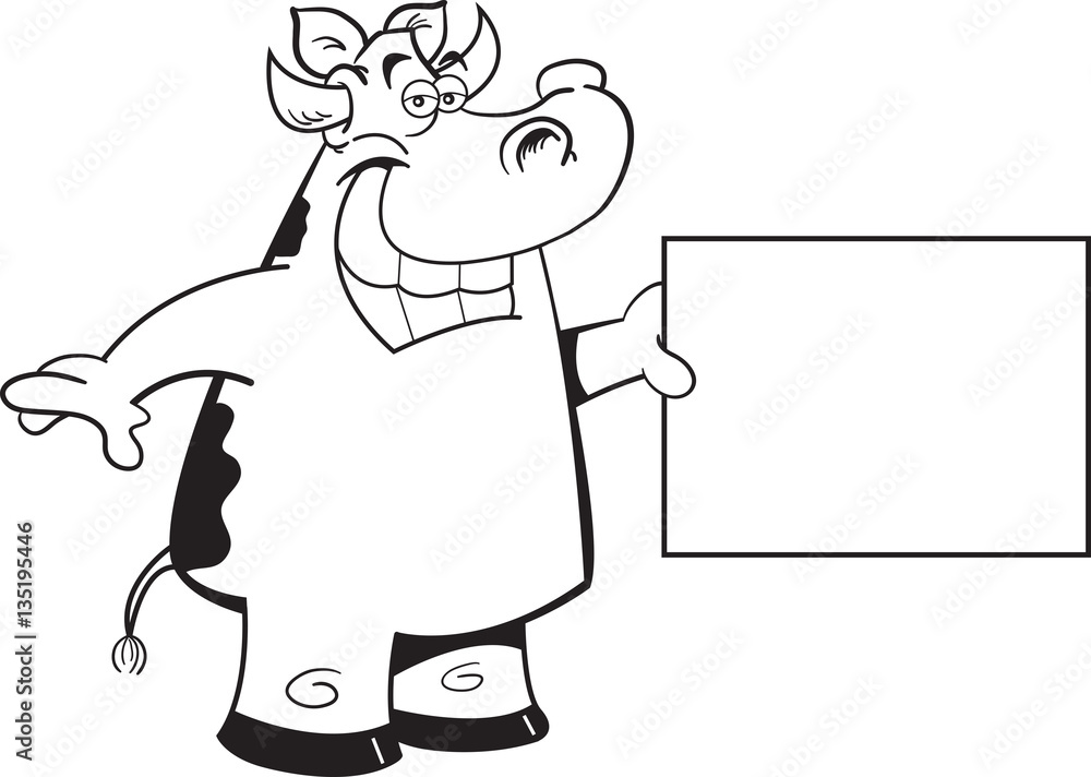 Black and white illustration of a cow holding a sign.