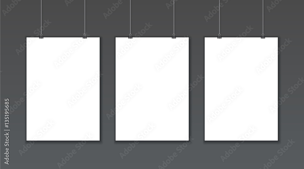 Empty white vector poster templates on dark gray background. Poster mock  up. Template of three white blank vector posters. Collection of paper poster  mockups hanging on wall. Frame for paper sheet. Stock
