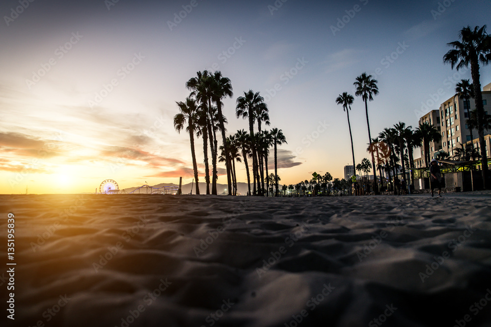 Naklejka premium Palm trees silhouettes and Santa monica walkway