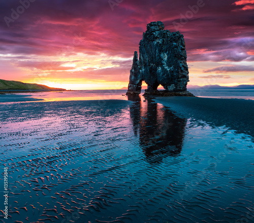 Huge basalt stack Hvtserkur on the eastern shore of the Vatnsnes