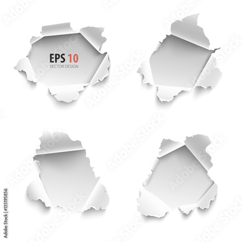 Holes in white paper. Vector illustration. Hole collection of banners for text. Set of realistic torn paper vector isolated on white background. Curled sides with ripped edges. 