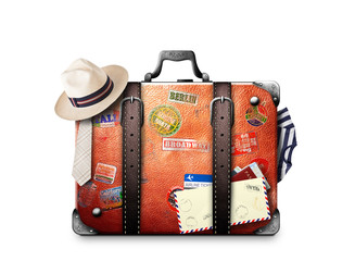 Retro suitcase of a traveler with travel stickers