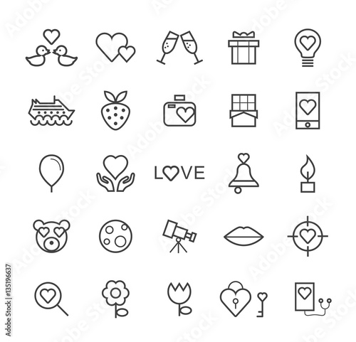Set of Quality Universal Standard Minimal Simple Valentine's Day Black Thin Line Icons on White Background