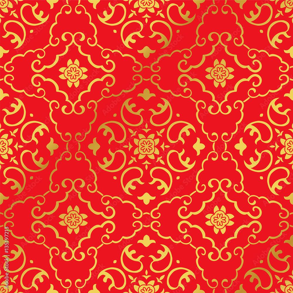 Fototapeta premium Seamless Golden Chinese Background Spiral Cross Frame Flower