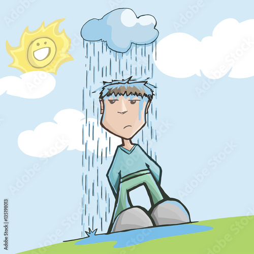 Man with bad luck, under a rainy cloud