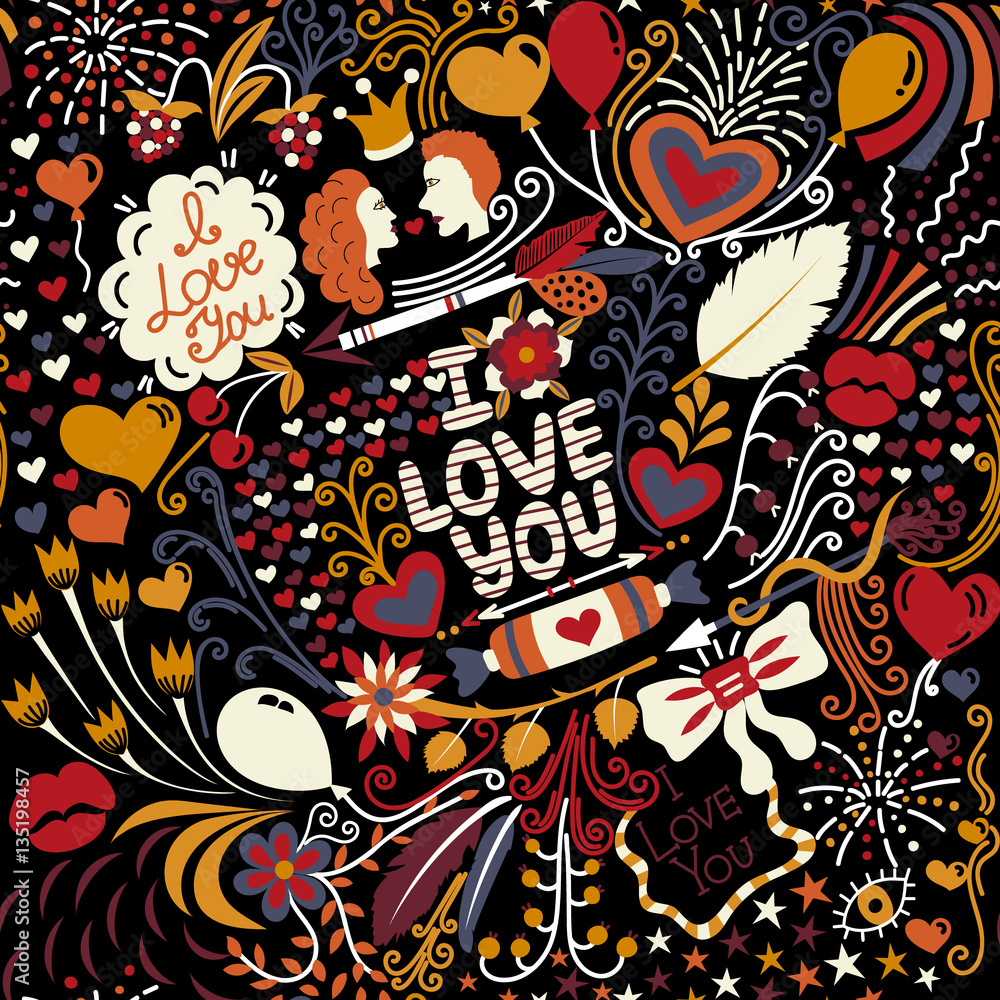 Seamless pattern with hand drawn love elements. Colorful greeting background on Valentine's Day. Holiday. It can be used for wallpaper, textiles, wrapping, card. Vector illustration, eps10