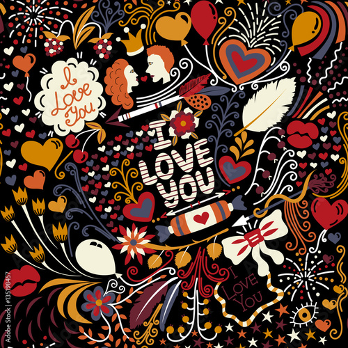 Seamless pattern with hand drawn love elements. Colorful greeting background on Valentine s Day. Holiday. It can be used for wallpaper  textiles  wrapping  card. Vector illustration  eps10