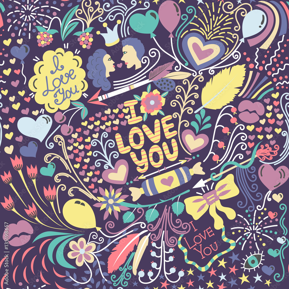 Seamless pattern with hand drawn love elements. Colorful greeting background on Valentine's Day. Holiday. It can be used for wallpaper, textiles, wrapping, card. Vector illustration, eps10 Seamless pattern with hand drawn love elements. Colorful greeting background on Valentine's Day. Holiday. It can be used for wallpaper, textiles, wrapping, card. Vector illustration, eps10