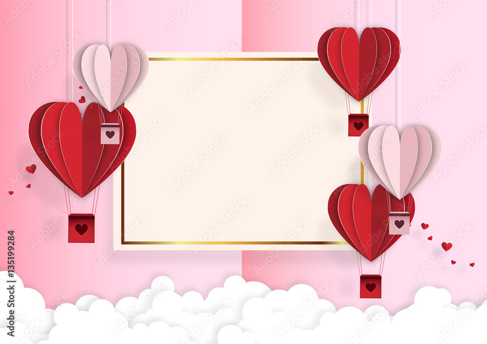 Valentines day sale background with Origami made hot air balloon flying