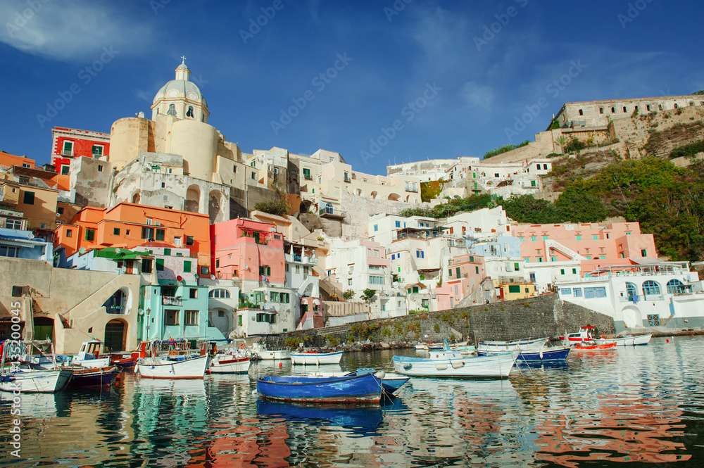 Procida colorful island in the gulf of Naples, Mediterranean sea, Italy