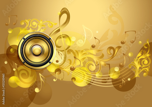 Music design - loudspeaker and notes on bright golden background