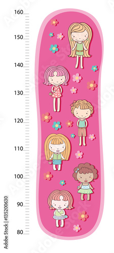 Cute girl with gifts meter wall from 30 to 140 centimeter. Vector illustration