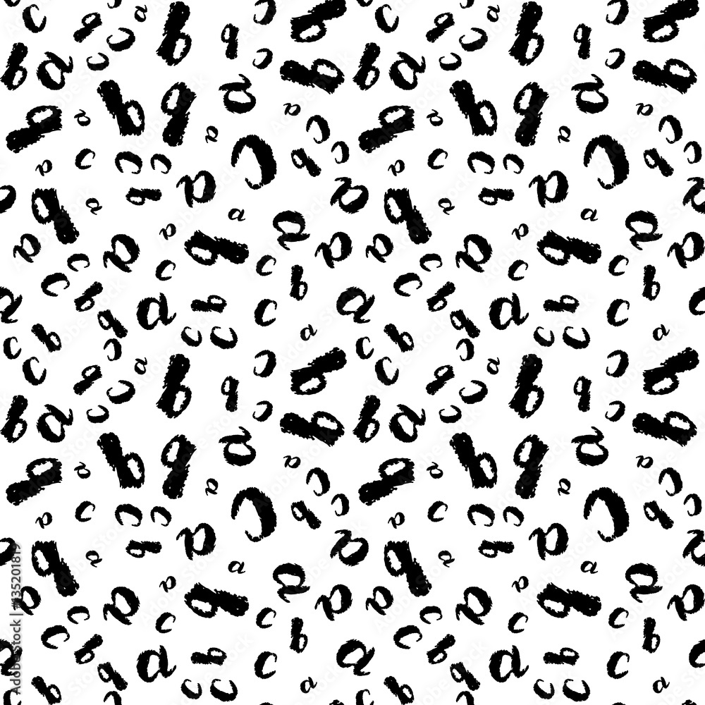 Creative seamless painted letters pattern. Textures ink abc. Sketchy Hand-drawn bruch graphic prints for posters, wallpaper, furniture fabric, textile. Vector. Black and white. Grungy ornament.