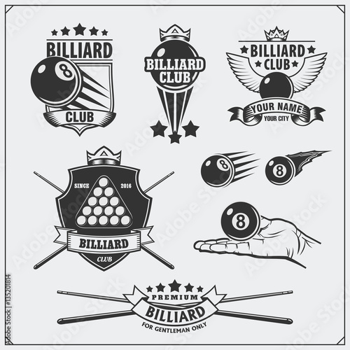 Set of billiards labels, emblems, badges, icons and design elements.