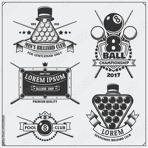 Set of billiards labels, emblems, badges, icons and design elements.
