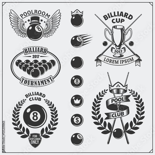 Set of billiards labels, emblems, badges, icons and design elements.