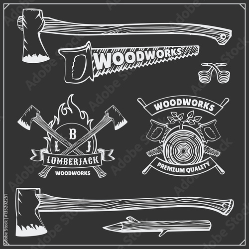 Vector set of vintage Lumberjack logos, labels, emblems and design elements. Axes and saws.