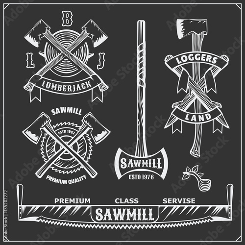 Vector set of vintage Lumberjack logos, labels, emblems and design elements. Axes and saws.