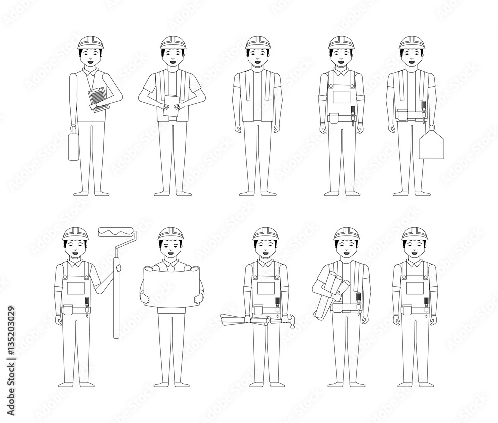 construction workers with tools and safety helmet over white background. under construction concept. vector illustration construction workers with tools and safety helmet over white background. under construction concept. vector illustration