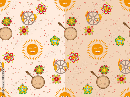 Vector seamless pattern with sun, flowers, pancakes and burning wheel. Russian holiday Maslenitsa.