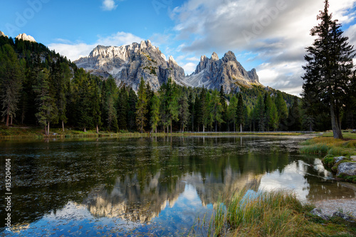 Italy, Lago Antorno, Dolomites, Lake mountain landcape with Alps peak reflection