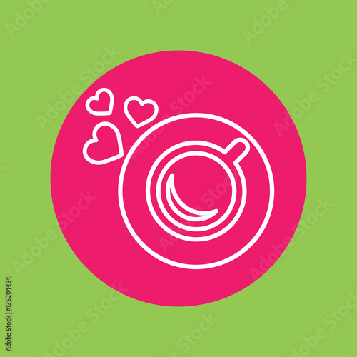 cup of coffee tea hot with hearts steam line icon white on pink circle on green