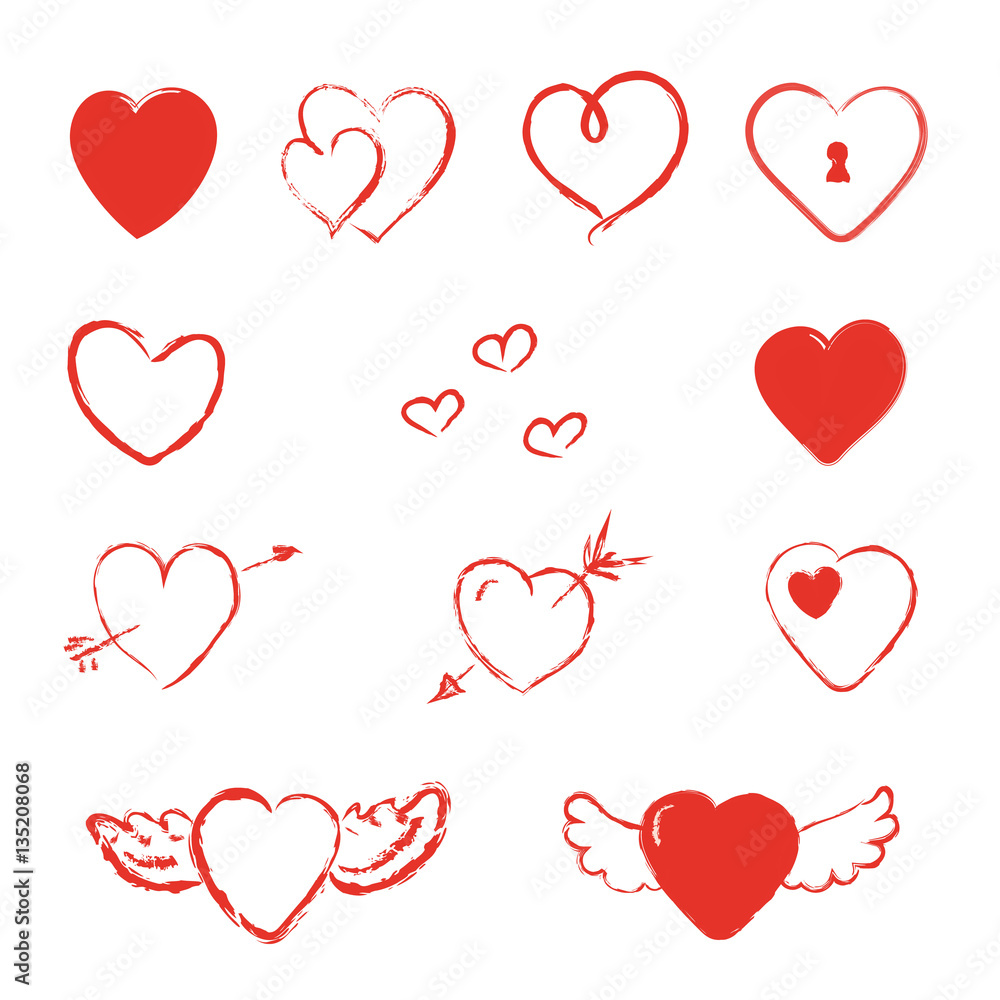 Hand Drawn Heart With Wings And Arrows Isolated Vector Set