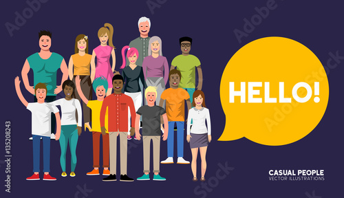 A crowd of happy and welcoming diverse casual people characters . Vector illustration