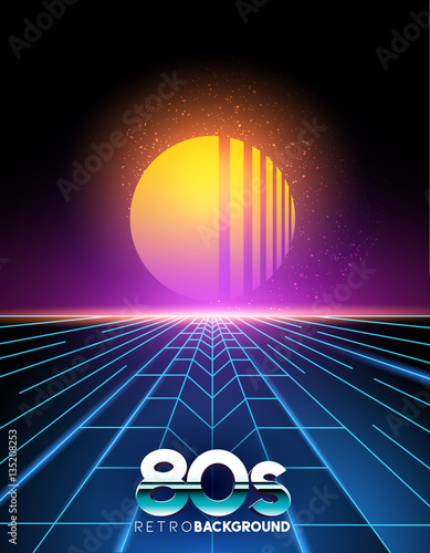 retro1980's style neon digital abstract background with laser beams and a sunset.