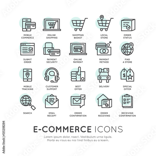 Vector icon style illustration logo thin line shipping services and facilities online shopping, delivery and returns, e-commerce and m-payment concept