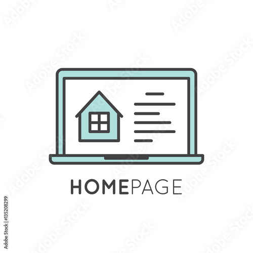 Vector icon style illustration logo thin line laptop and mobile phone app showing landing home page with house and window
