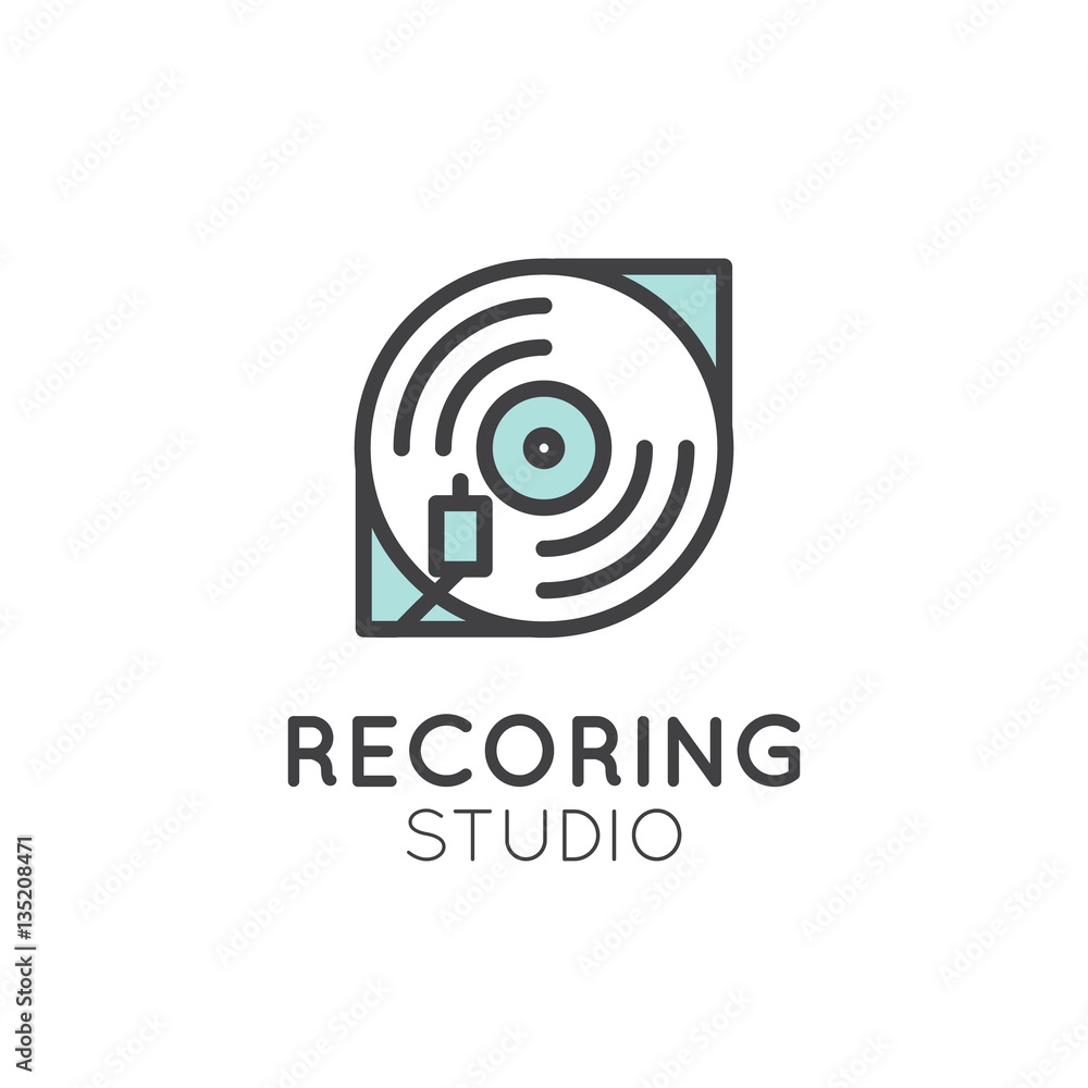 Simple Vector Icon Style Music Logos. Recording Studio Label. Podcast and Radio Badge with Sample Text. Design with Vinyl Player, Disk and Needle