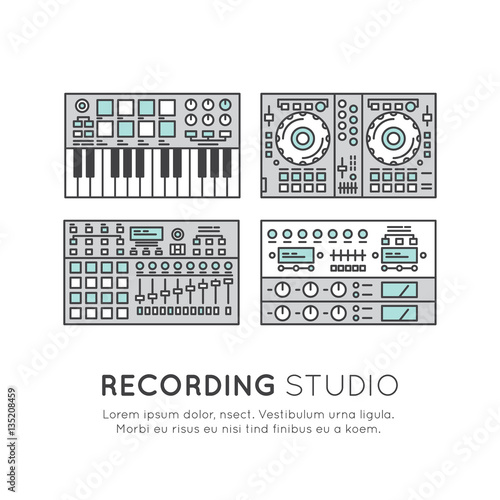 Simple Vector Icon Style Music Logo Set. Recording Studio Label. Podcast and Radio Badge with Sample Text. Design with Mixing console DJ, Rack, Midi Keyboard, Pad and Controller