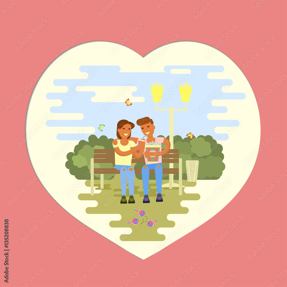 Romantic card. Couple of lovers on the bench in park. Vector illustration eps 10 Romantic card. Couple of lovers on the bench in park. Vector illustration eps 10
