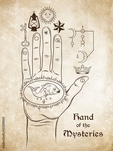 The hand of the Mysteries. The alchemical symbol of apotheosis, the transformation of man into god. Hand drawn medieval esoteric style vector illustration. Tattoo or poster print design