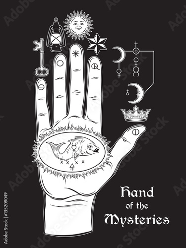 The hand of the Mysteries. The alchemical symbol of apotheosis, the transformation of man into god. Hand drawn medieval esoteric style vector illustration. Tattoo or poster print design