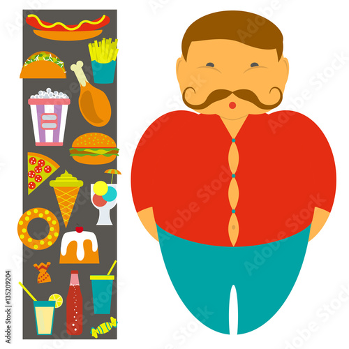 Obesity infographic template - junk fast food, female overweight elements, fat man. Diet and lifestyle data visualization concept poster. Vector illustration eps10