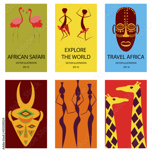 African safari concept set flyers with people and animals.  Eco tourism travel. Flat isolated eps10 vector illustration