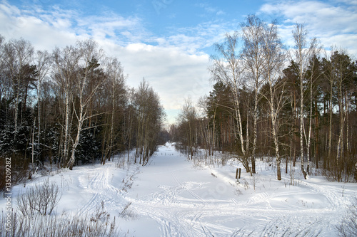 Intersection of ski tracks on the frozen river covered with snow in the winter forest.