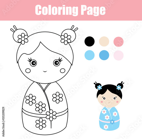 Coloring page with cute japanese kokeshi doll. Children educational game, drawing activity