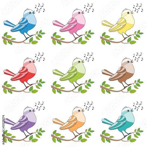 Songbirds - nine colorful twittering and chirping and singing birds.