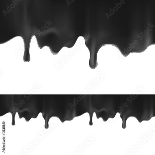 Fototapeta Naklejka Na Ścianę i Meble -  Black paint dripping isolated on white background. realistic dark oil is falling from the top of the image and bottom. seamless texture vector. Blot. 3d illustration created with gradient mesh.