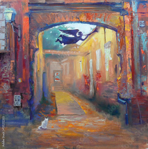 Yard in old town in impressionistic style, with silhouette of angel pending in the arch and white cat, oil painting on canvas