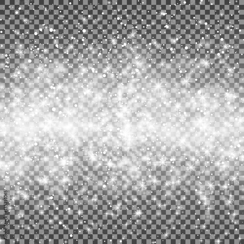 Fading snow star line on a transparent background. Vector illustration 10 EPS. Abstract white glitter ribbon background. Magic Christmas eve snowfall. For holiday invitation, party, birthday