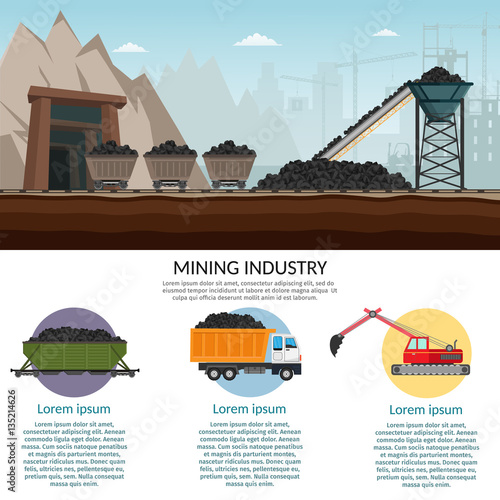Coal mining industry and transportation infographics elements isolated vector technics building of set