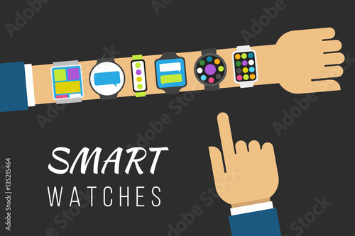 Variety of smart watches on a hand. Vector illustration concept, flat style.
