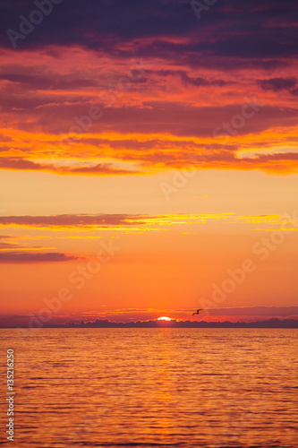 Amazing gold orange sky and water of Baltic sea at sunset