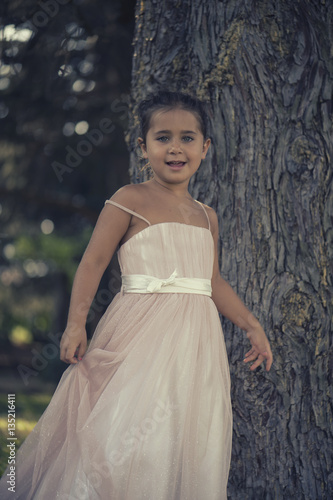 little girl in a pink ballroom dress on nature
