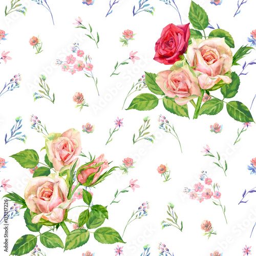 Floral square seamless pattern, pink, red, blue flowers, bouquet of roses, green leaves on white background, hand draw watercolor painting, botanical illustration, vintage